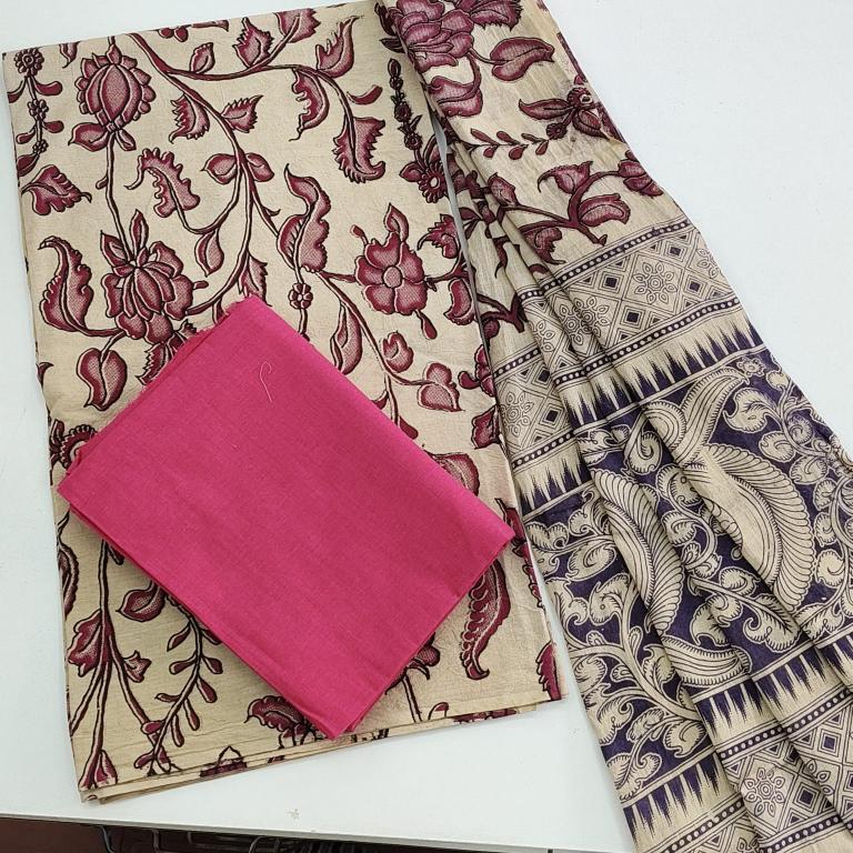 Pure Handblock Kalamkari 3 PC Material, Pink Shed.