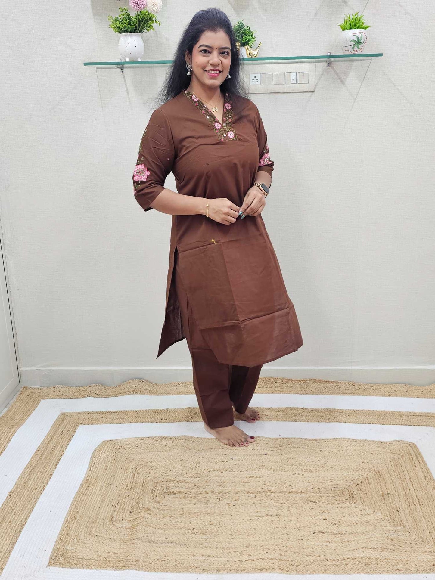Cotton Silk Coffee Brown Co-Ord set - Ku161