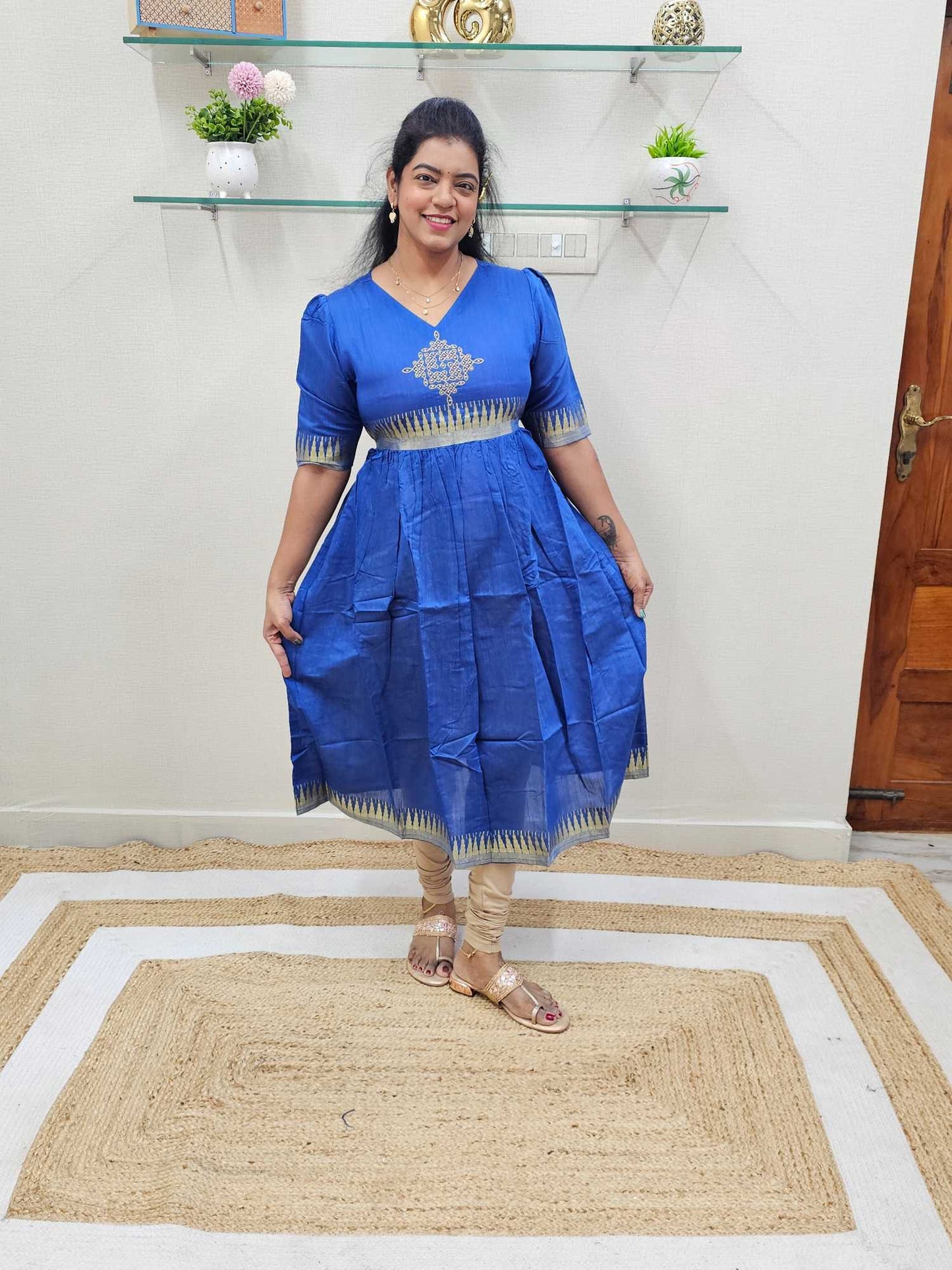 Blue Base Silk Ethnic Kolam Maxi dress - Ku160