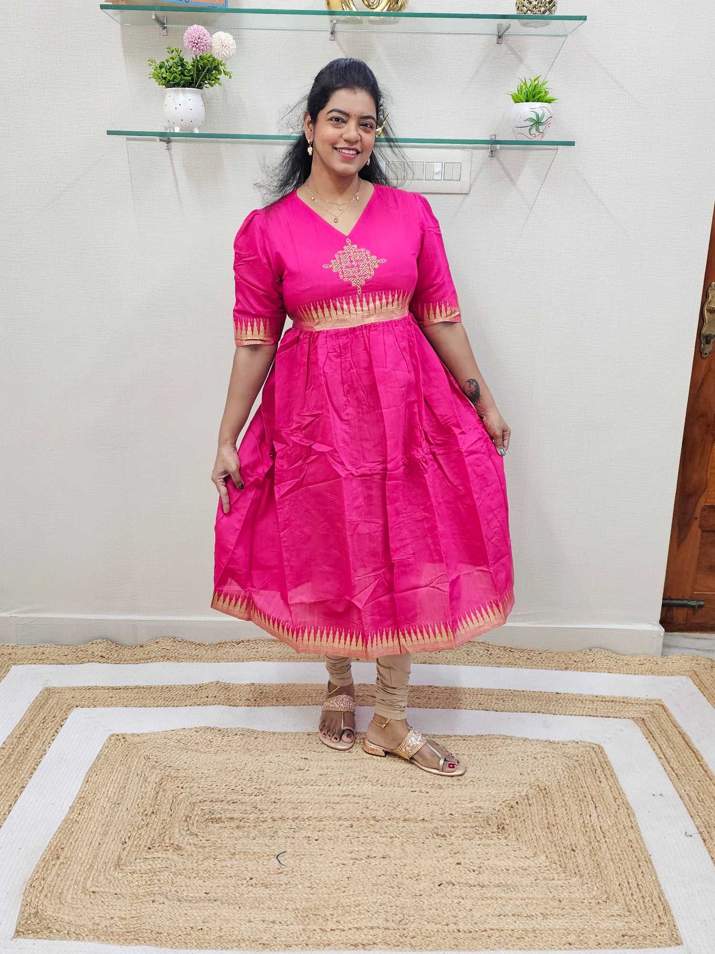 Pink Base Silk Ethnic Kolem Maxi dress - Ku160
