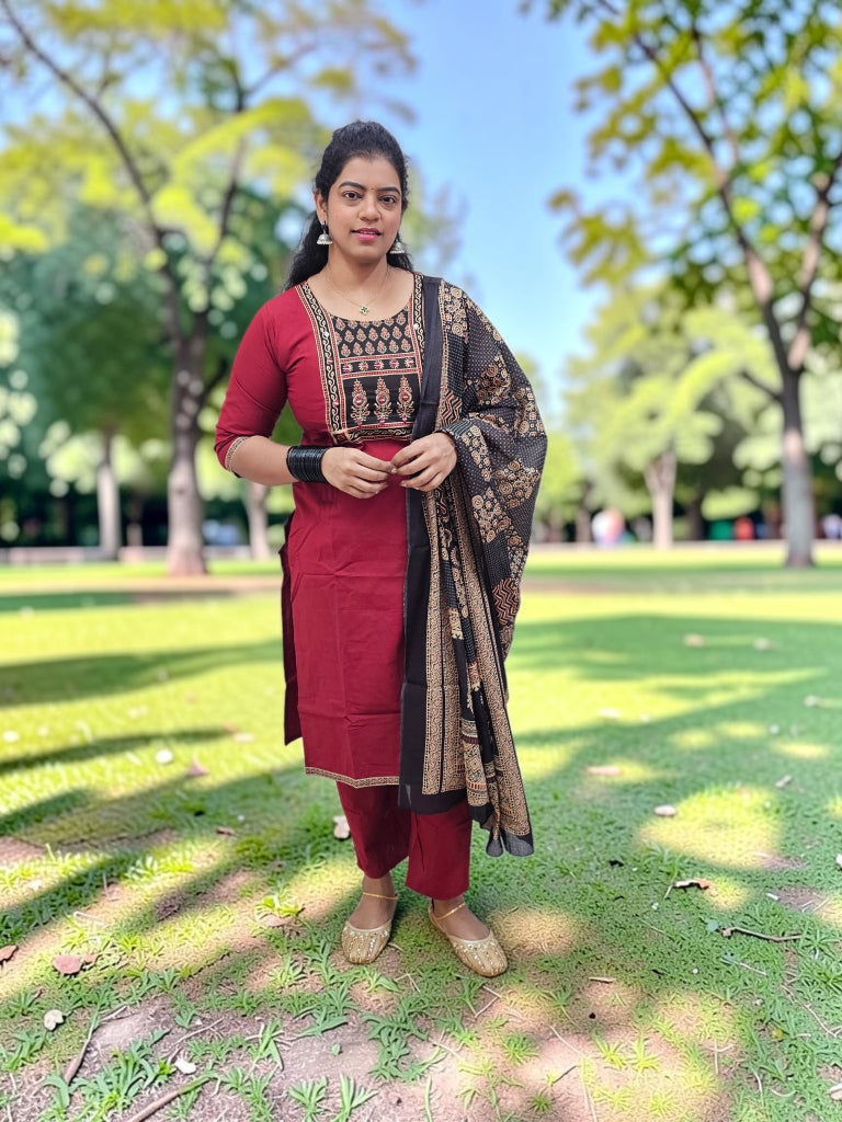 Pure Cotton 3 Pc Salwar suit Maroon col- Ku155