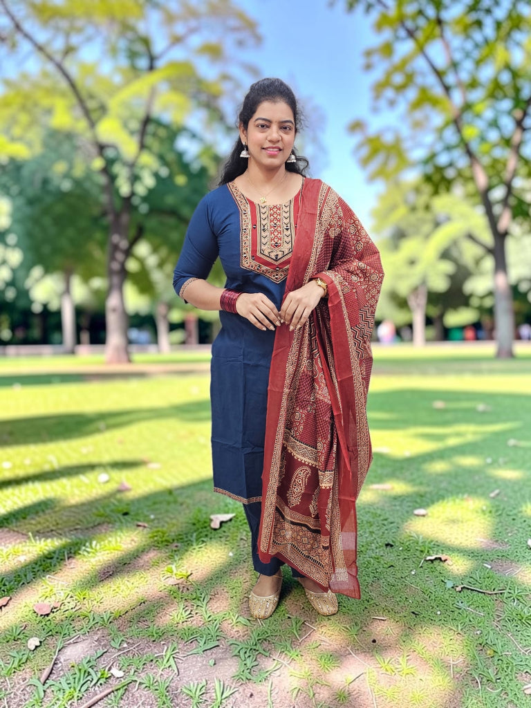 Pure Cotton 3 Pc Suits Dark Teal Shade - Ku155