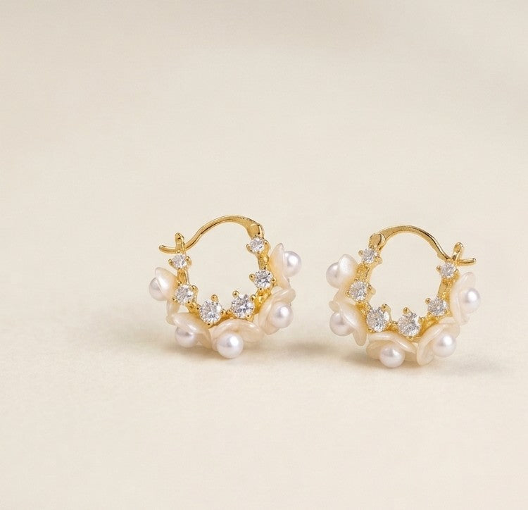 Floral Pearl Hoop Earrings - JW281