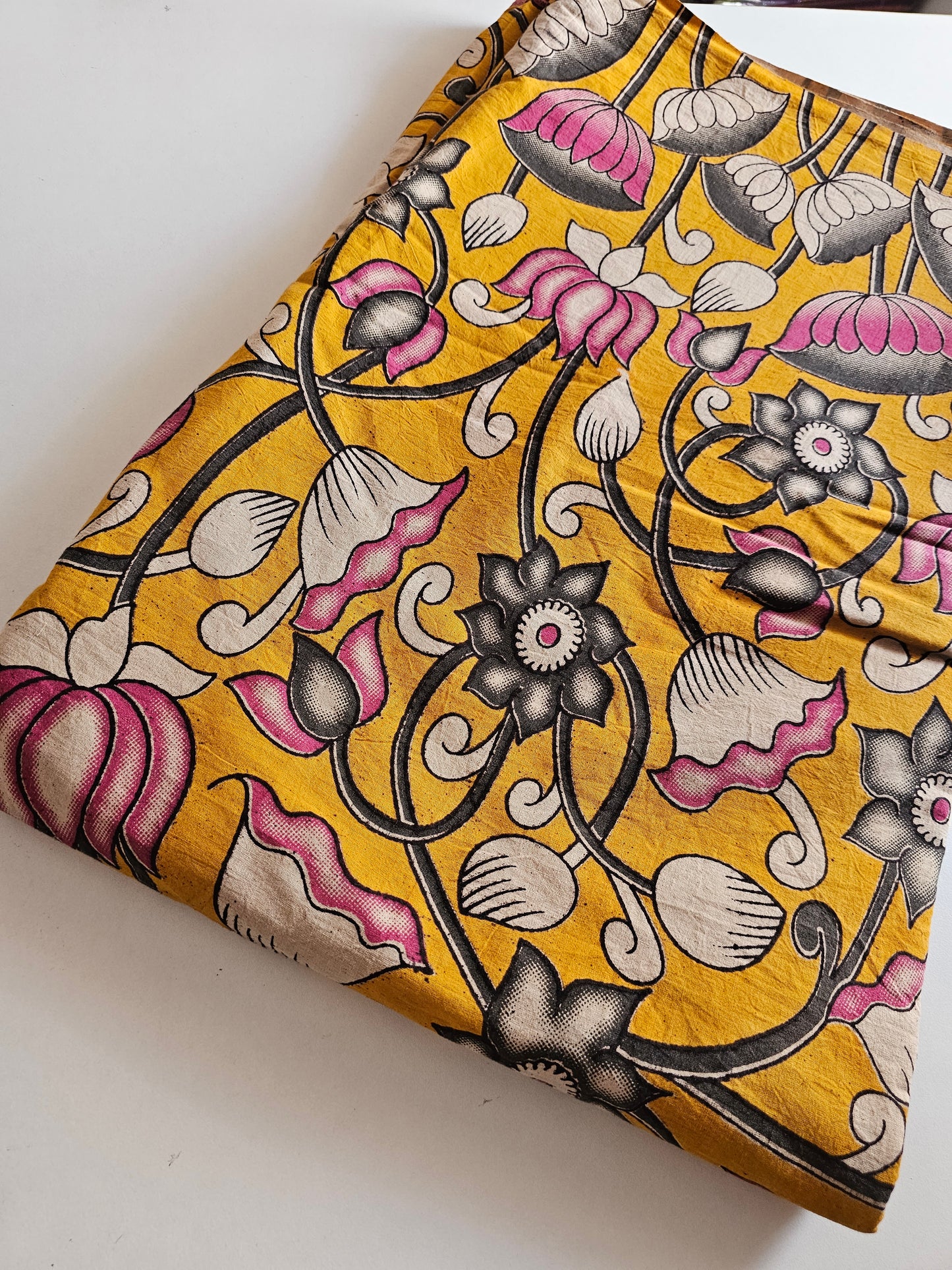 Kalam Kari Fabric Yellow with Pink,Black Flower design