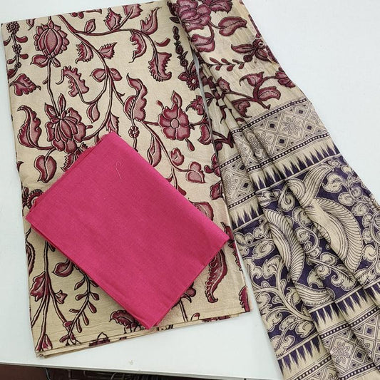 Pure Handblock Kalamkari 3 PC Material, Pink Shed.