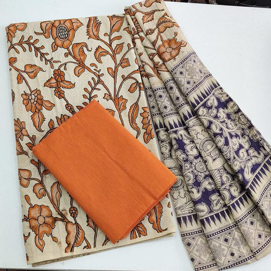 Pure Hand block Kalamkari 3 PC Material. Orange Shed.