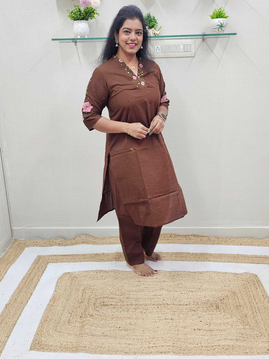 Cotton Silk Coffee Brown Co-Ord set - Ku161
