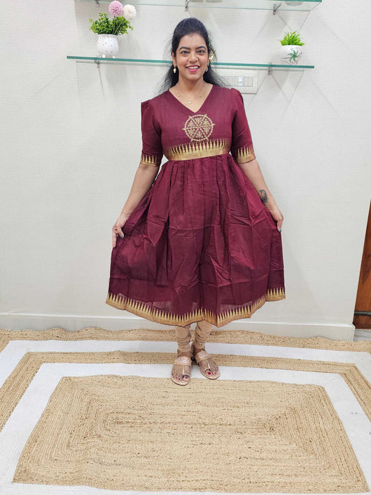 Brown Base Silk Ethnic kolam Maxi dress  - Ku160