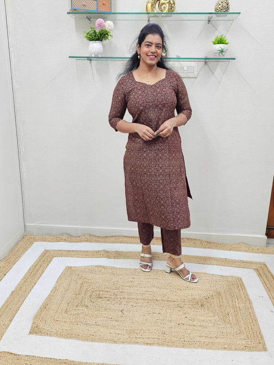 Pure Cotton Ajrakh Co - Ord set  Maroon  Base Straight cut Kurti.- ku164