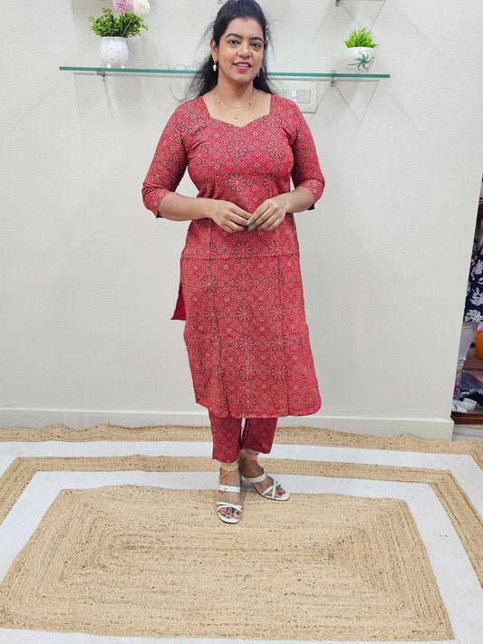 Pure Cotton Ajrakh Co - Ord set  Red Base Straight cut Kurti.-ku164