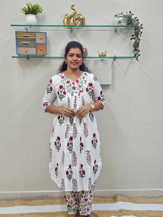 Pure Cotton Red Base Co- Ord set - Ku102