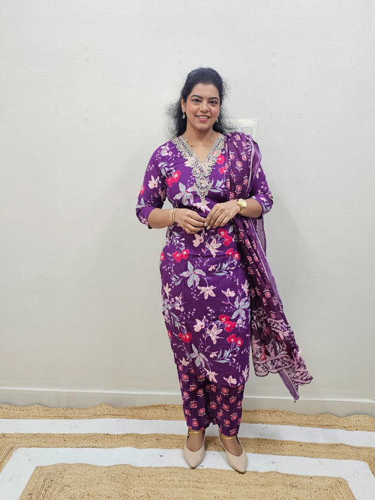 pure Cotton 3pc suits Purple Shed-Ku152