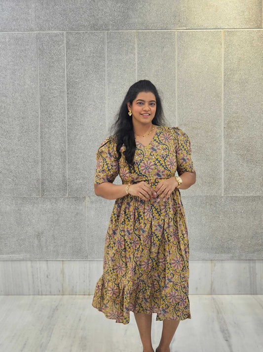 Pure Cotton Pleated Maxi Dress Mustard Shade A12 - Ku168
