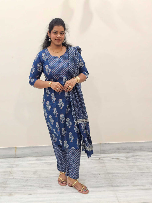 Pure Cotton 3 Pc Suits Blue Shade -Ku158