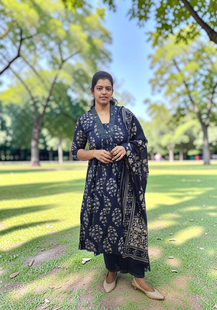 Pure Cotton Anarkali 3 Pc suit nevy Blue Colour- Ku145