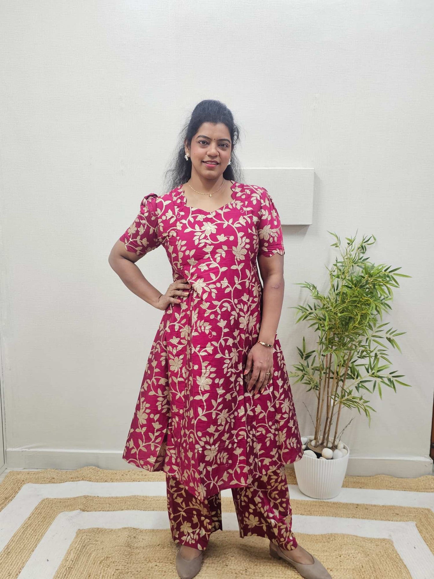 Silk Base Fabric Panel Cut A-Line Top with Palazzo Set - Ku208-04