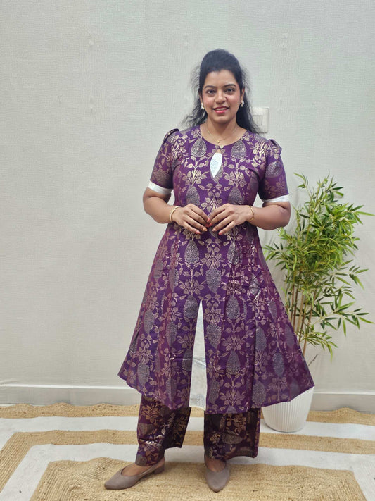 Silk Base Fabric Panel Cut A-Line Top with Palazzo Set - Ku208 - 02