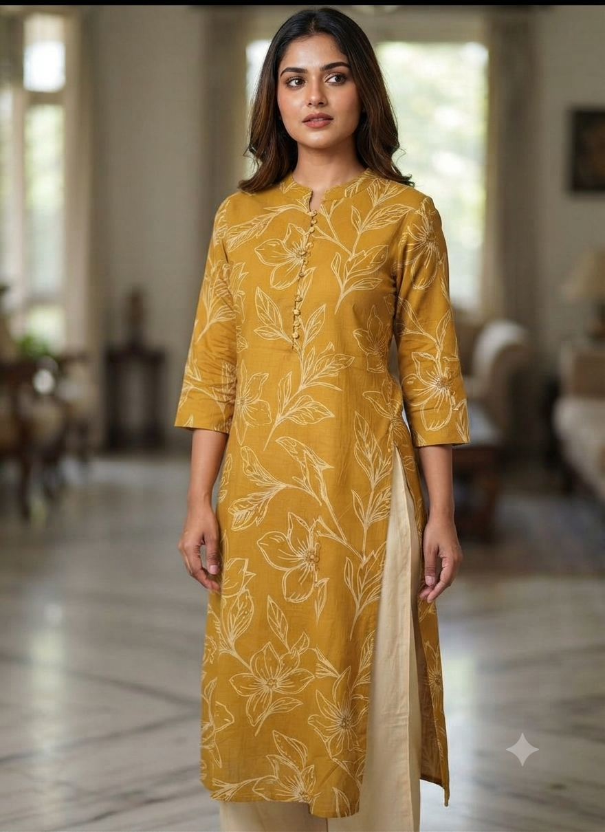 Mustard Yellow Straight Kurti - Ku148