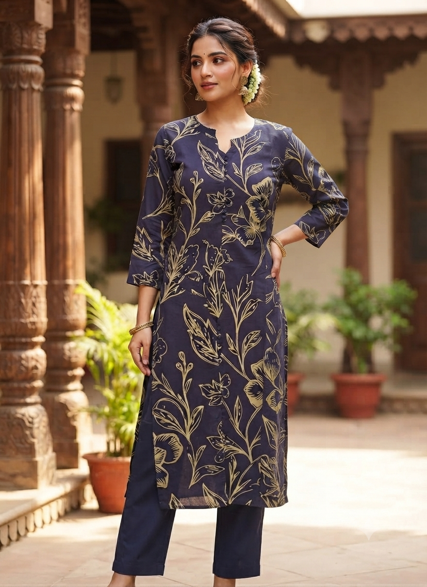Navy Blue Straight Kurti - Ku148