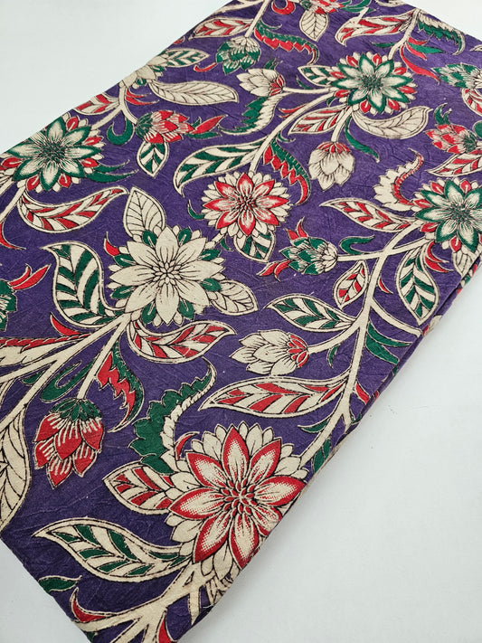 Kalam Kari Fabric purple with Red, Green colour Flower design.