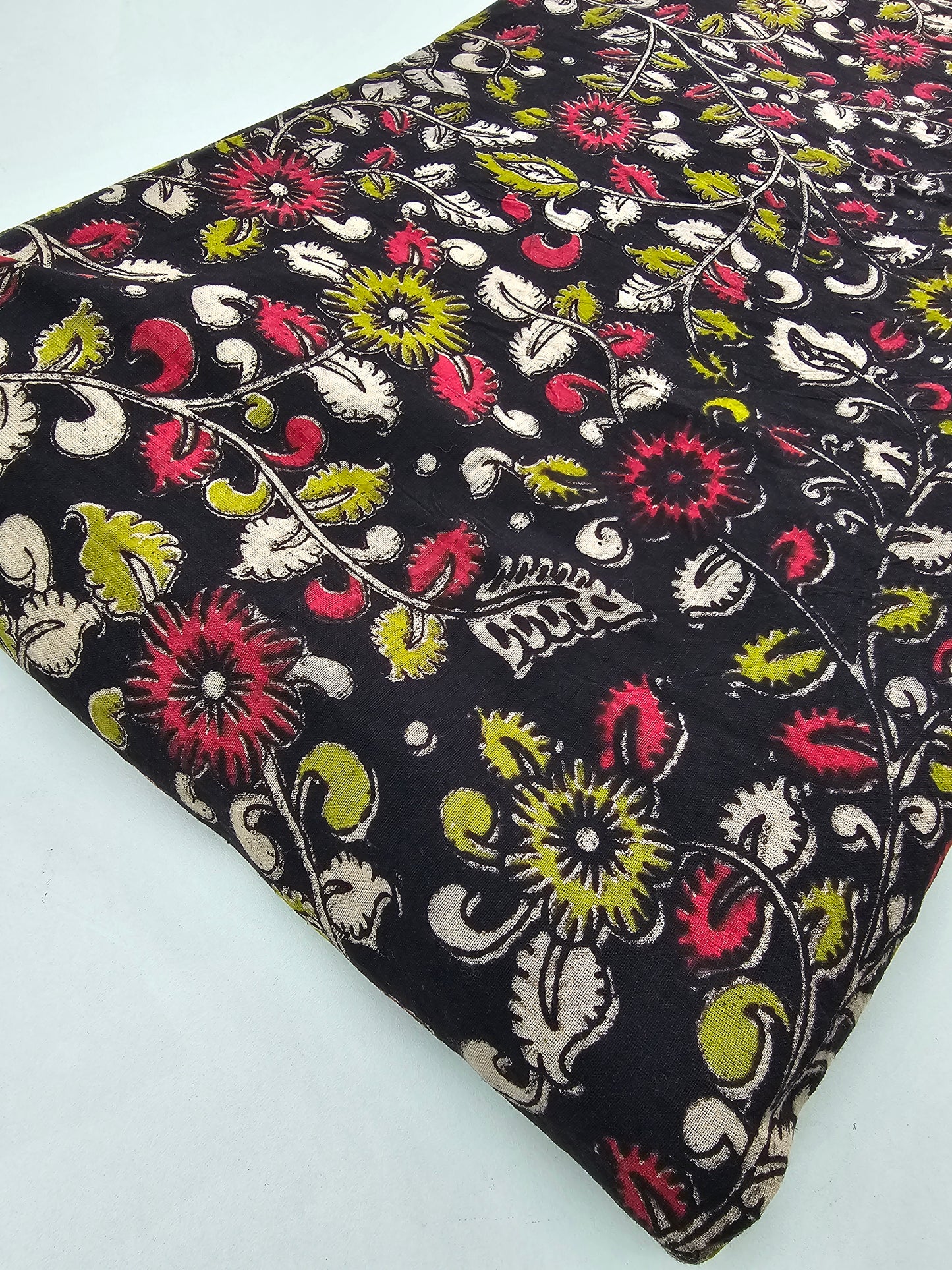 Kalam Kari Fabric Black with Pink,Green Flower design.