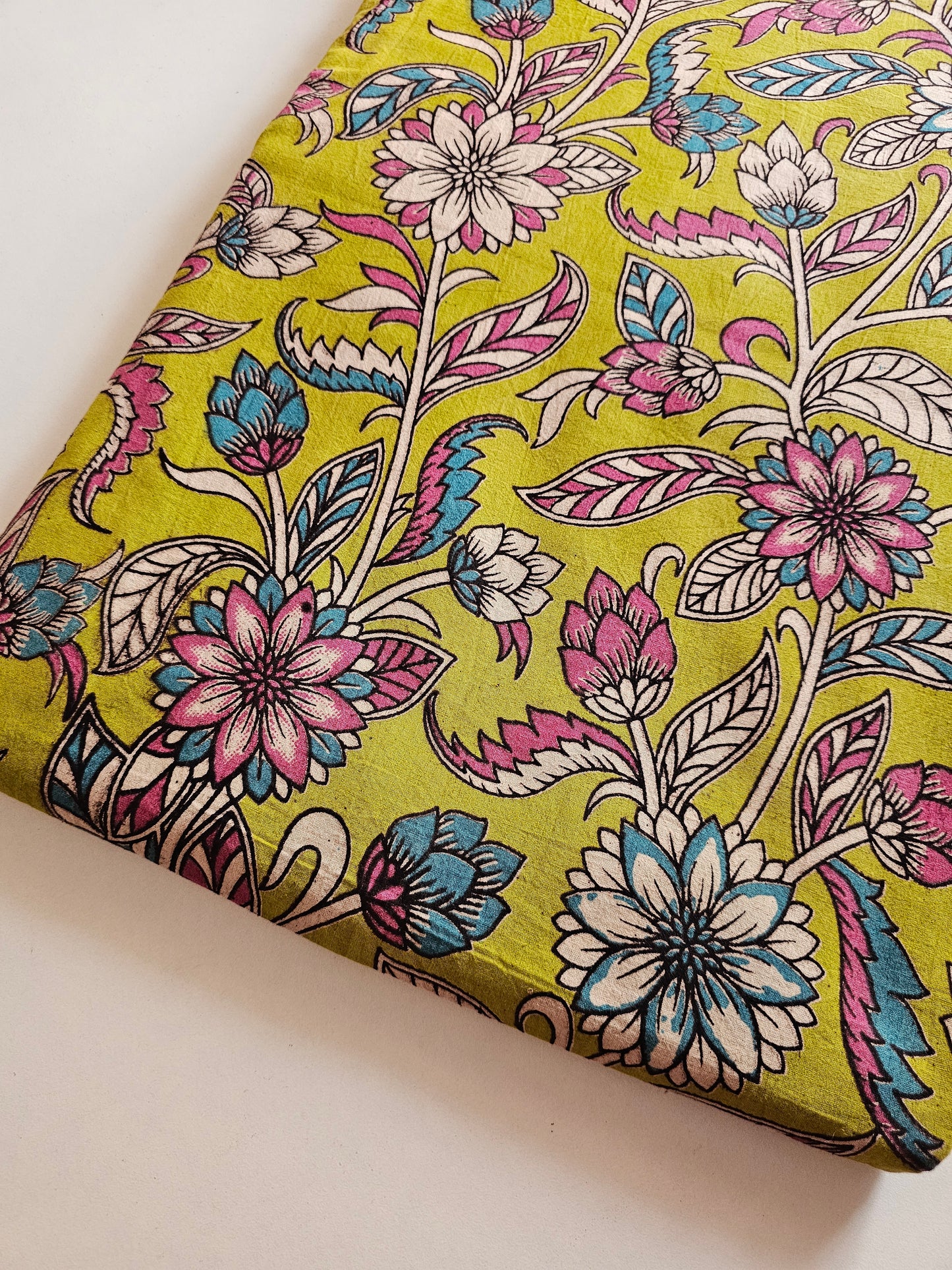 Kalam Kari Fabric Parrot Green Flower design