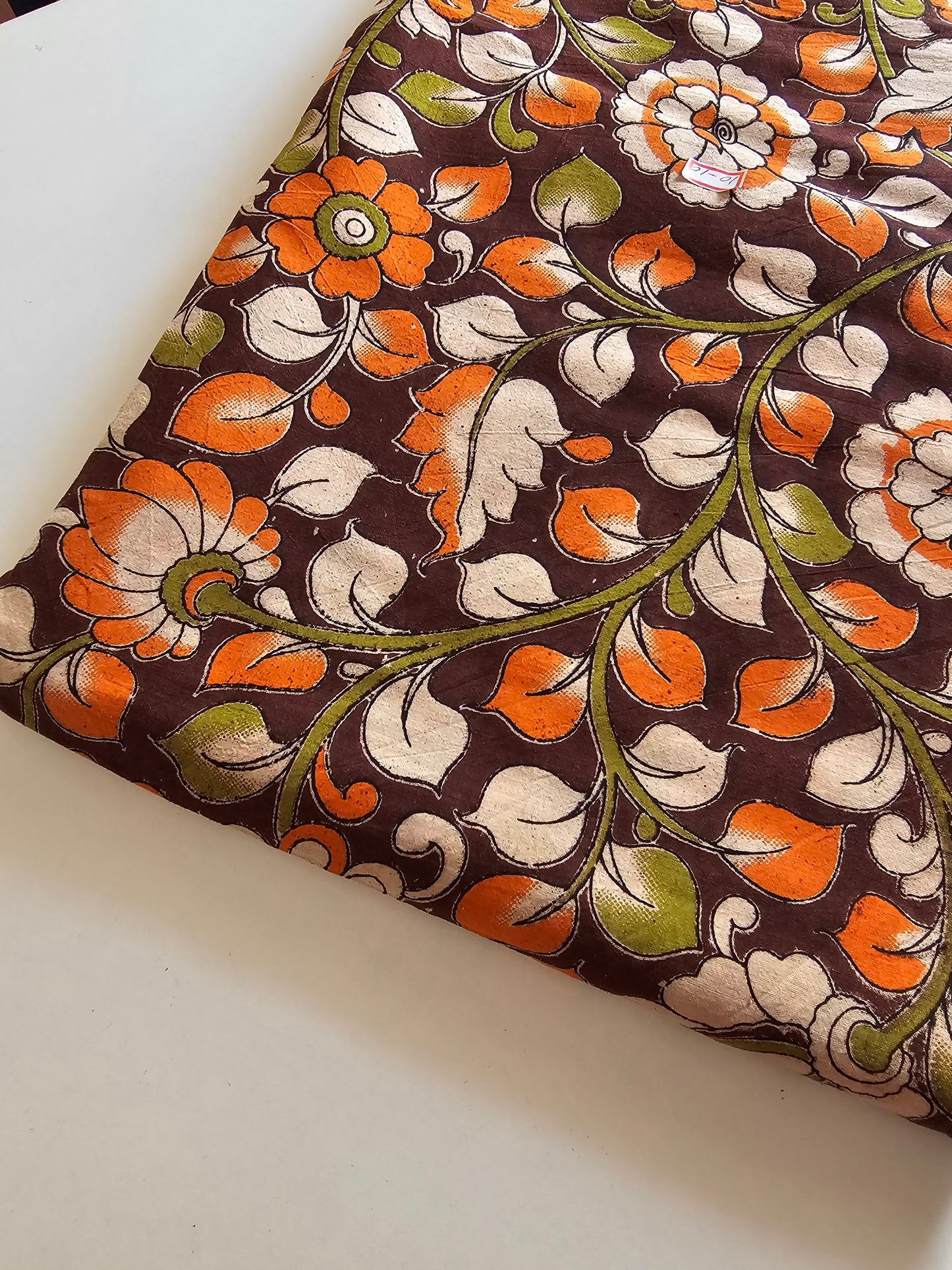 Kalam Kari Fabric Maroon colore with Orange shed Flower design