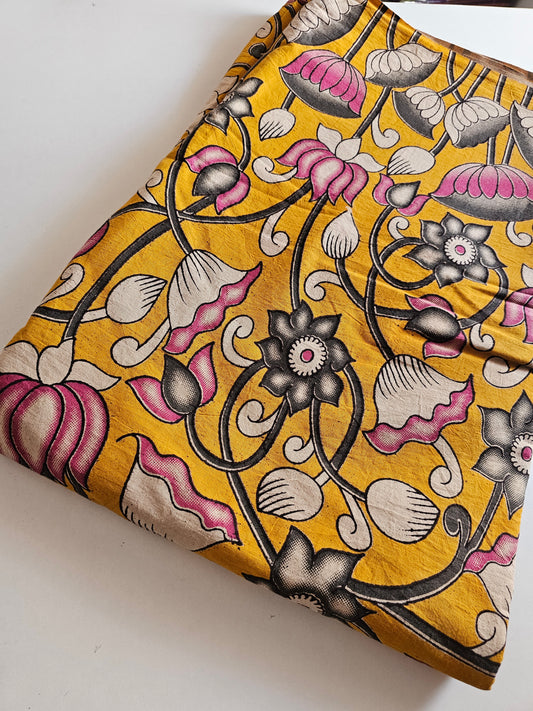 Kalam Kari Fabric Yellow with Pink,Black Flower design