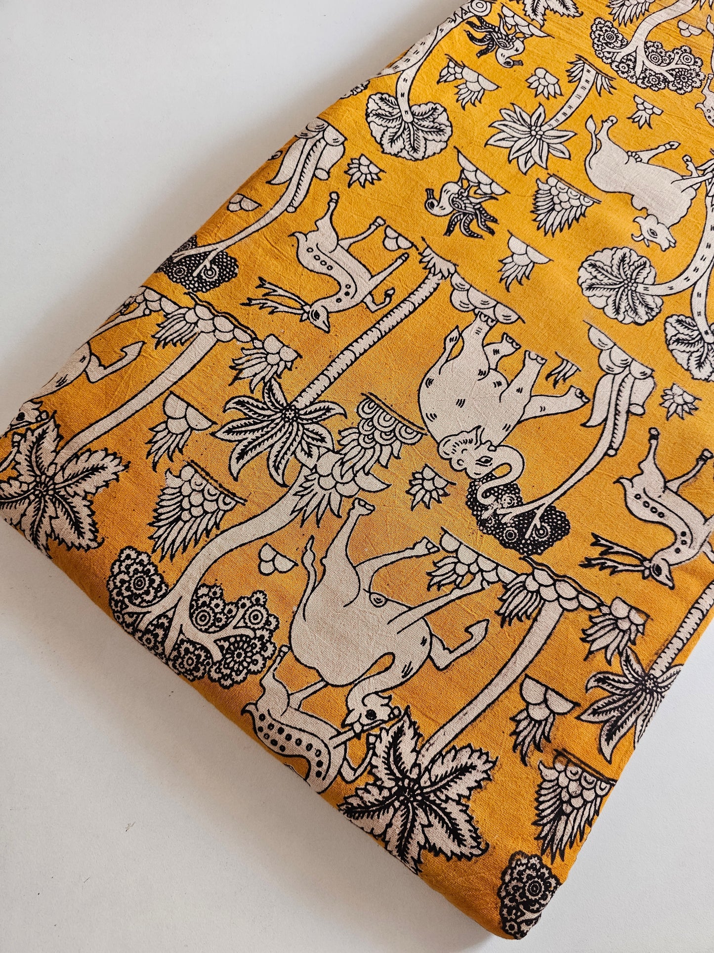 Kalam Kari Fabric Yellow with Black Animals and tree printed