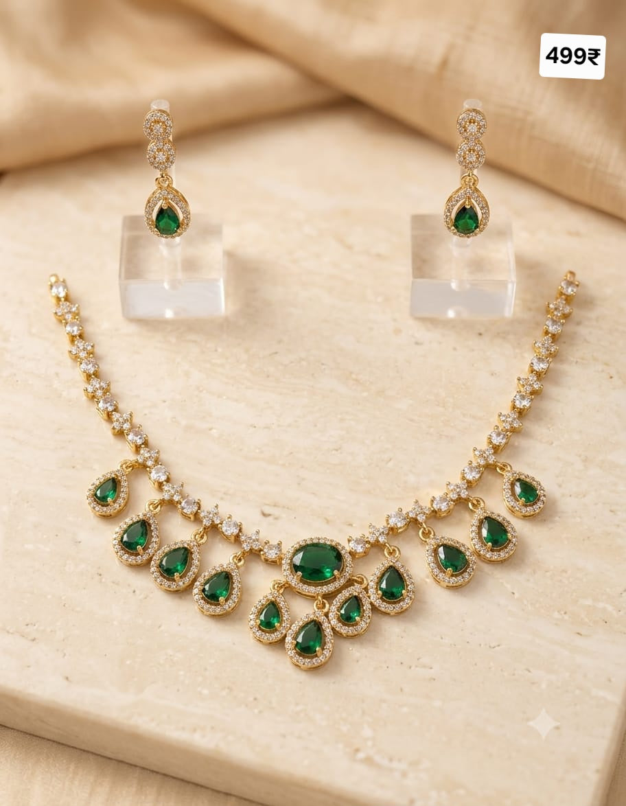 Royal Emerald Green AD Stone Necklace set - JW319