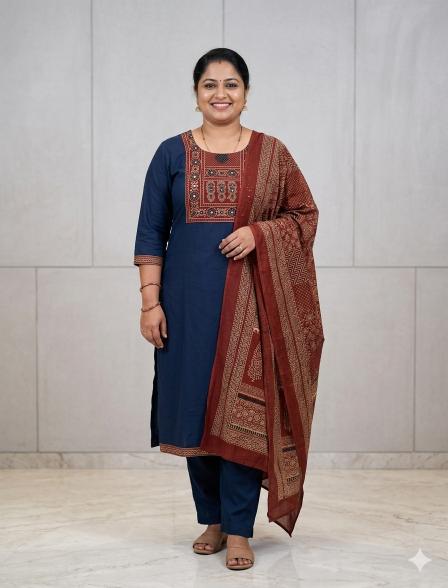 Dark Teal Mirror Work Pure Cotton 3 Pc Suit KU457