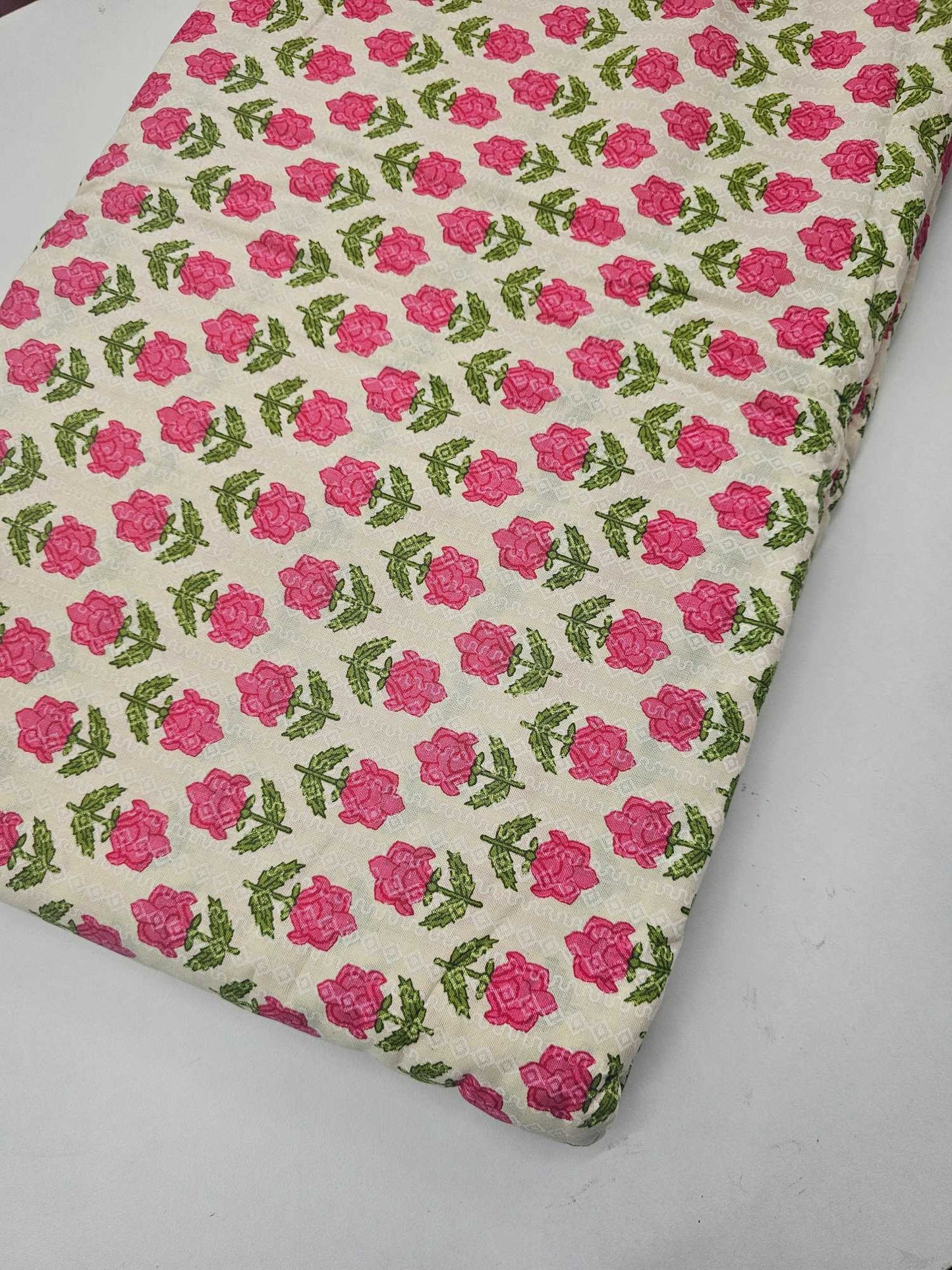 White base pink floral jaipur cotton fabrics