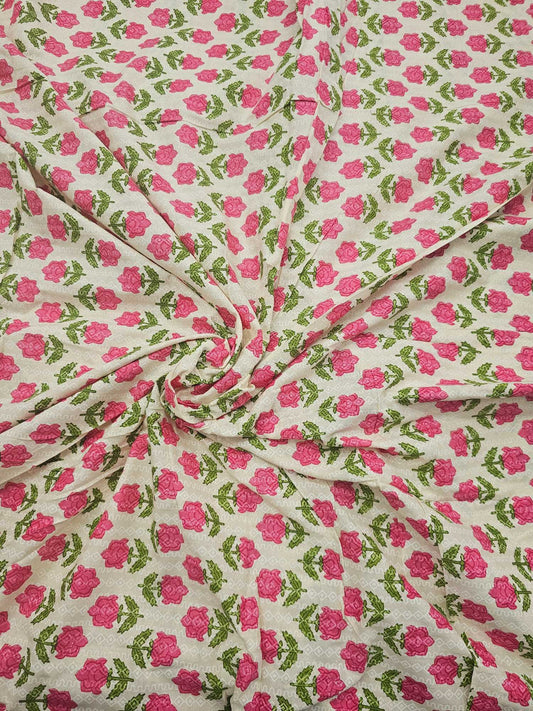 White base pink floral jaipur cotton fabrics